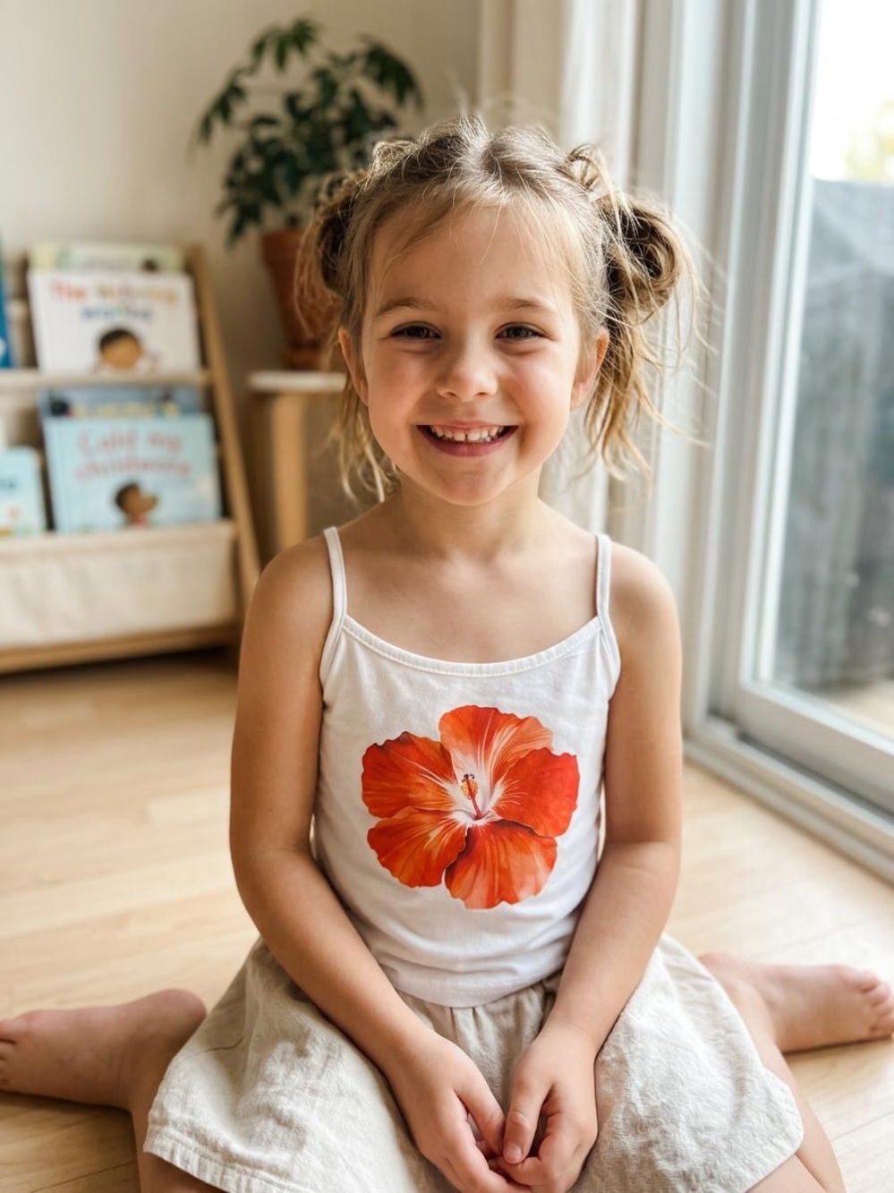 SHEIN Girls White Tank Top with Orange Floral Graphic